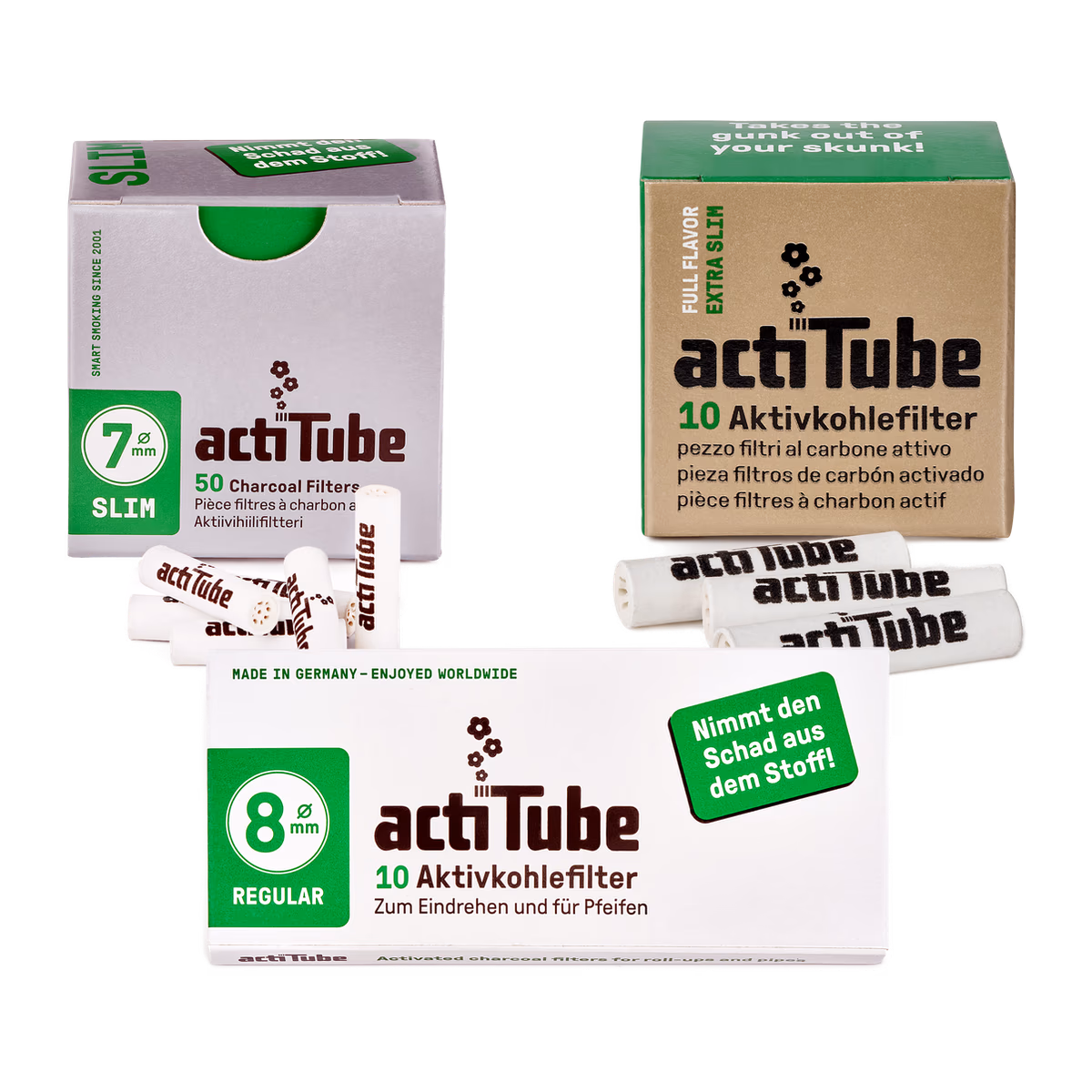 Uhlíkové filtry ActiTube – balení Regular 8 mm, Slim 7 mm a Extra Slim 6 mm