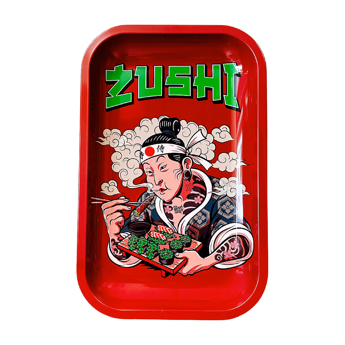 Červená kovová balicí podložka Best Buds Zushi Medium s ilustrací v japonském stylu