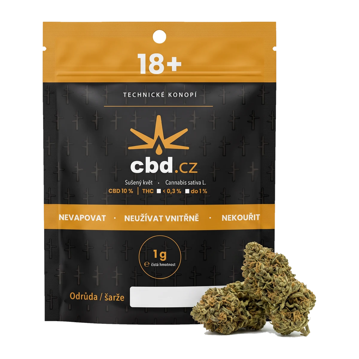 CBD květy Amnesia Haze 1 g — oranžový doypack obal cbd.cz se sušeným konopným květem