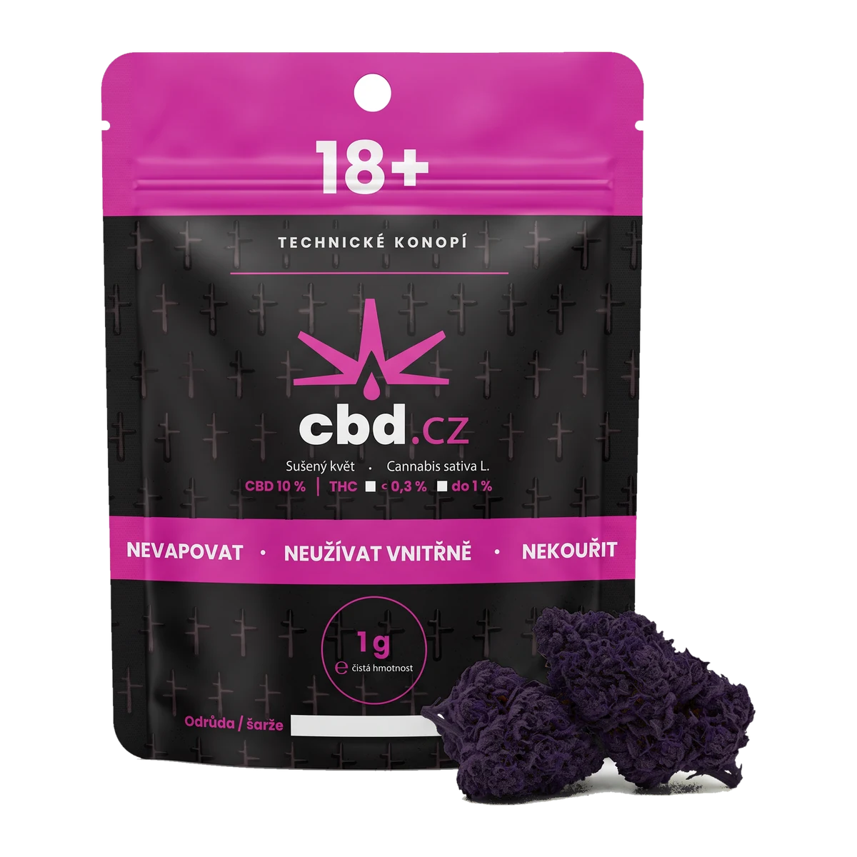 CBD květy Purple Haze 1 g — doypack obal cbd.cz s tmavě fialovým sušeným konopným květem