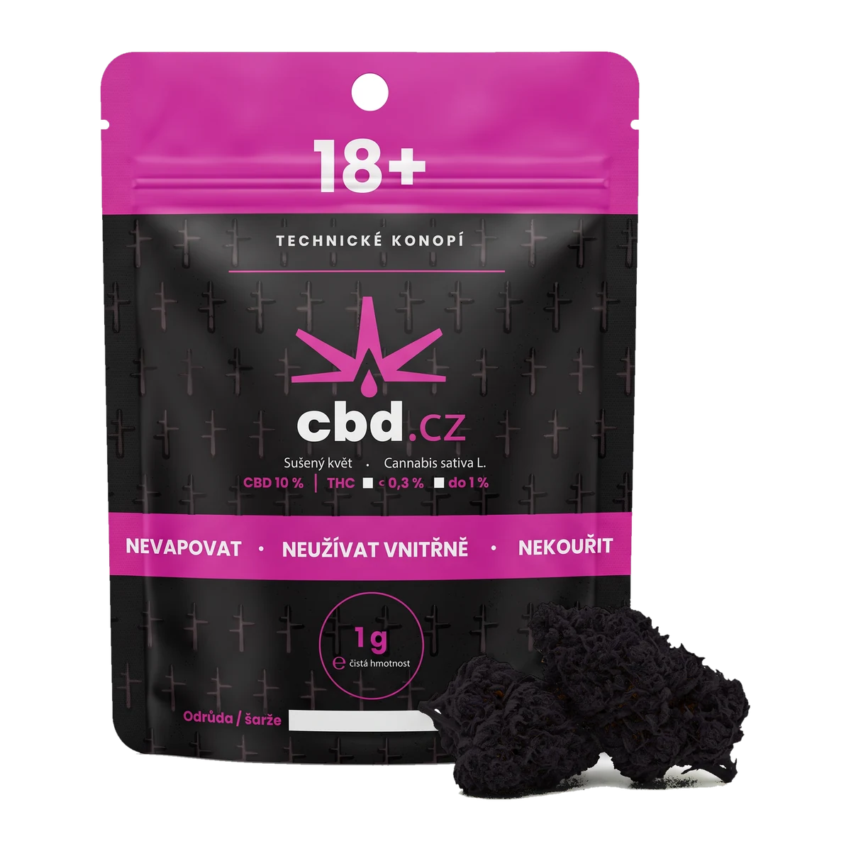 CBD květy Purple Haze 1 g — doypack obal cbd.cz s tmavým, téměř černým sušeným konopným květem