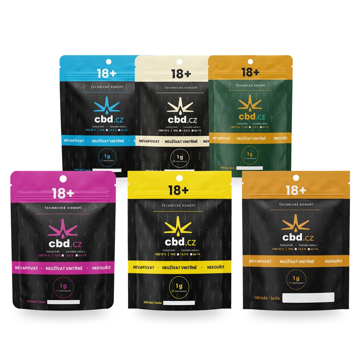 CBD květy Starter pack 6 druhů — šest doypack sáčků cbd.cz po 1 g vedle sebe